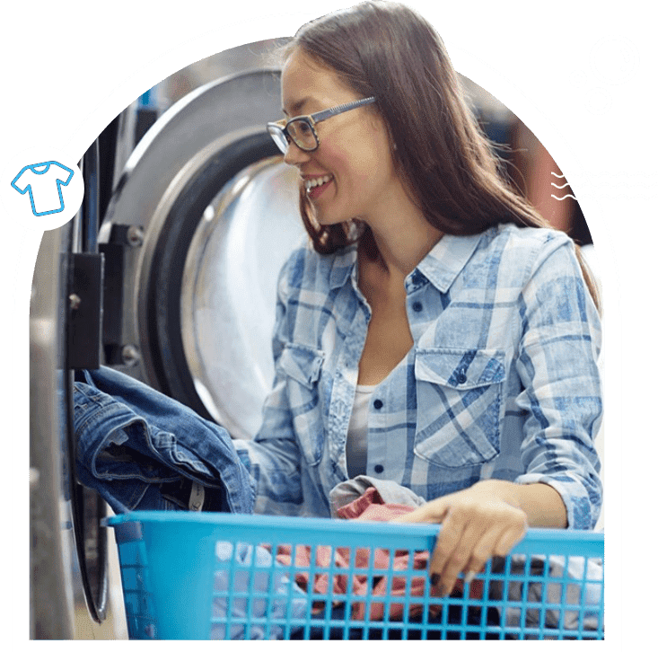 A woman in glasses is holding a basket